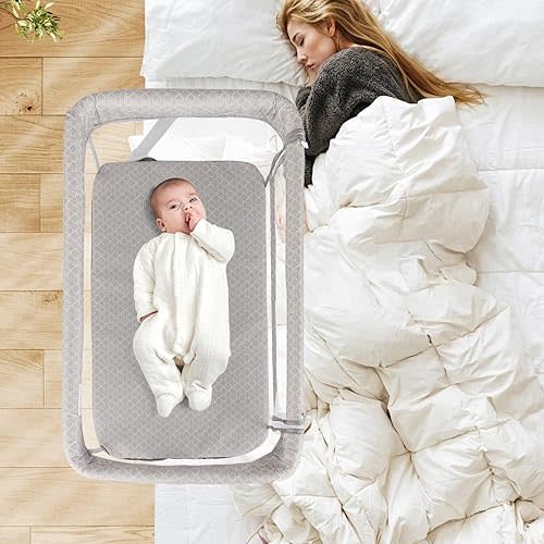 INFANS Baby Bedside Bassinet, Over-Bed Baby Bassinet with Adjustable Height, Safe Close Sleeping, Storage, Lowering Wall for Easy Access Newborn Infant Girls Boys Aged 6-18 Months (Beige)