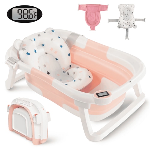 CshidWorld Collapsible Baby Bathtub, Baby Bath Tub with Soft Cushion+Baby Tub Sling & Thermometer, Baby Bathtub Newborn to Toddler 0-36 Months, Portable Travel Baby Tub, Pink