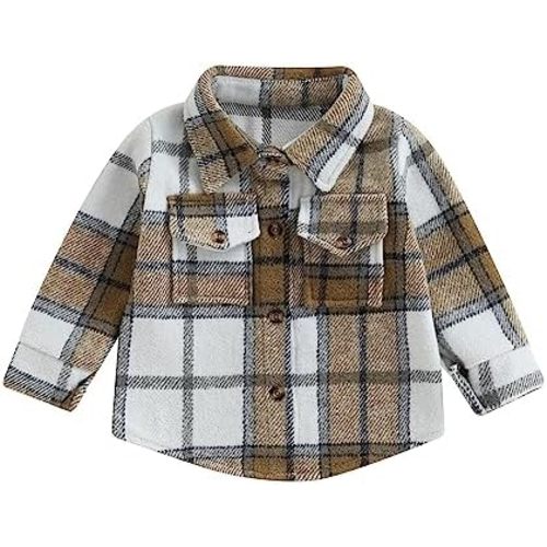 Thorn Tree Ropa para niños pequeños, camisa de franela con botones y bolsillo a cuadros, camiseta de otoño de manga larga para niños pequeños
