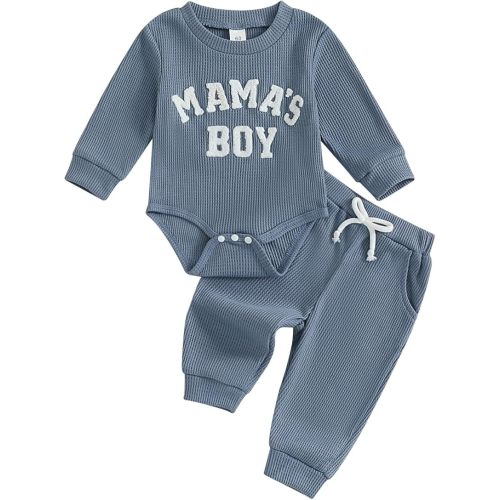 MERSARIPHY Newborn Baby Boy Fall Winter Clothes Mama's Boy Little Dude Outfit Embroidery Waffle Knit Romper Pants Sets