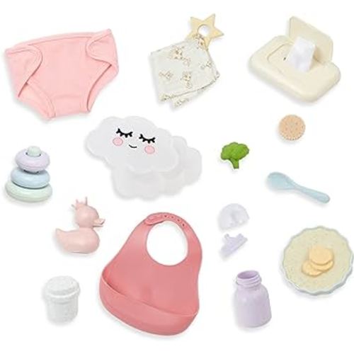 babi by Battat B Care & Feeding Set (20 Pieces) – 14-inch Baby Doll Accessories – Changing Diaper, Bib, Play Food – Meal Time & Changing Toys for Children Ages 2+