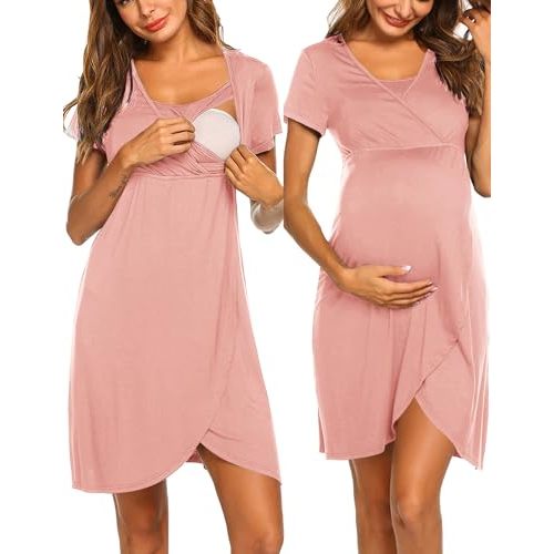 Ekouaer Nursing Nightgown 3 In 1 Maternity Nightgown Short Sleeve Nursing Gown Breasfeeding Sleepwear Delivery Dress