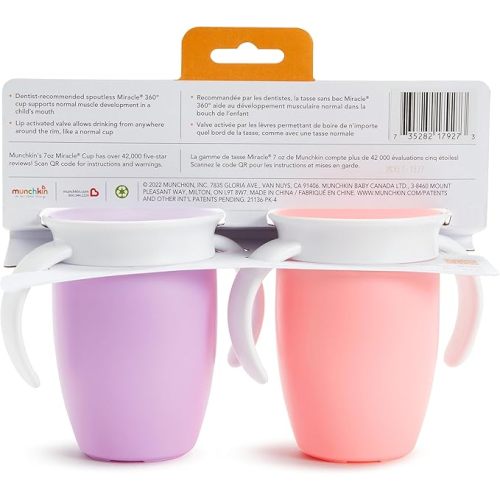 Munchkin® Miracle® 360 Trainer Sippy Cup with Handles, Spill Proof, 7 Ounce, 2 Pack, Pink/Purple - Trainer Cup