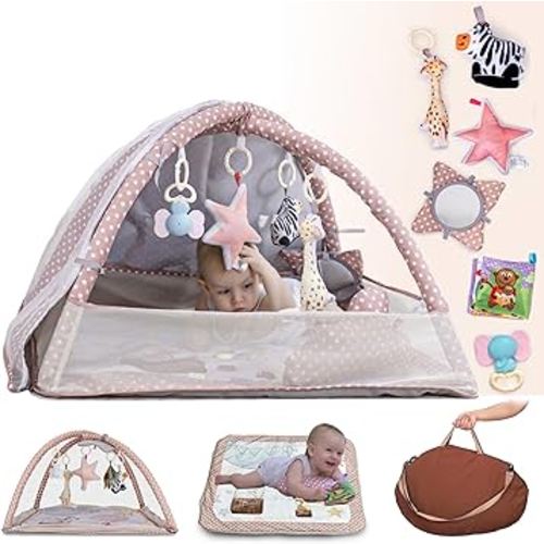6-in-1 Baby Play Gym Activity Center with Mosquito Net | Foldable Baby Play Mat for Floor with Sunproof Canopy | Portable Tummy Time Mats for Babies 0-12 Months (Brown)