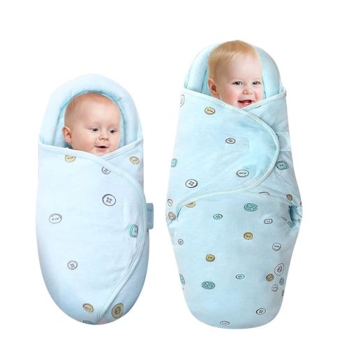 Baby Swaddle Blankets, Unisex Baby Blanket Wrap for Newborn Baby Boys Girls, Skin Friendly Wearable Swaddle Sleep Sack Made of Combed Cotton (Button, Blue, 0-3 Months + 3-6 Months)