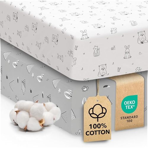Cotton Crib Sheets 2 Pack – Sweety Fox Mini Fitted Sheets for Baby Boys and Girls, Soft Jersey Knit for Crib or Toddler Bed, Woodland Print
