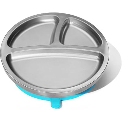 Avanchy Baby Plates with Suction – Stainless Steel Divided Plates for Toddlers, BPA-Free, Dishwasher Safe, Unbreakable, Non-Toxic, 100% Silicone Suction – Blue