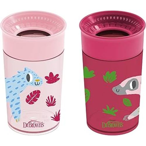 Dr. Brown's Milestones Cheers 360 Cup Spoutless Transition Cup, Travel Friendly & Leak-Free Sippy Cup, Pink Leopard – Red Lemur, 10 oz/300 mL, 2 count (1 pack)