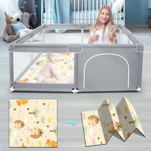 Fshibila Baby Playpen with Mat, Baby Playpens for Babies and Toddlers, Baby Fence Play Pen for Indoor & Outdoor, Sturdy Safety Play Yard with Soft Breathable Mesh, 50 * 50 * 27 inches Grey