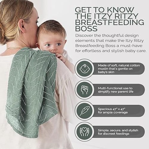 Itzy Ritzy Breastfeeding Boss Multi-Use Cover Sage – A Nursing Cover, Swaddle, Car Seat Cover, Tummy Time Mat & Burp Cloth All in One – Made of Soft Muslin Fabric & Measures 47” x 47” (Sage Mudcloth)