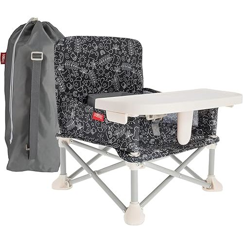 Nuby Easy Go Pop-Up Booster Seat with Removable Tray - 6+ Months - Portable Booster Seat for Floor for Indoor/Outdoor Use - 3-Point Safety Adjustable Straps - Includes Travel Bag - Black and White