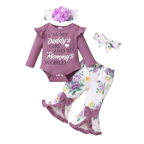 SUNNY PIGGY Newborn Baby Girl Clothes Infant Outfits Romper Floral Fall Outfit Bell Bottoms Pant Sets Hat Headband Flowerpant