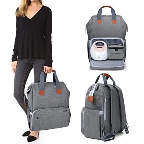 LUXJA Breast Pump Bag with Compartments for Cooler Bag and Laptop, Breast Pump Backpack with 2 Options for Wearing (Fits Most Major Breast Pump, Suitable for Working Mothers), Gray