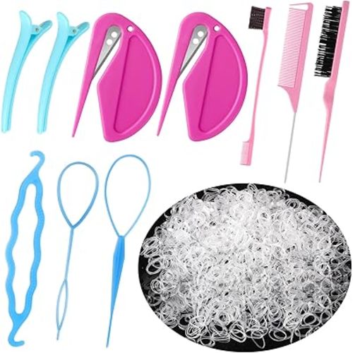 1000Pcs Elastic Clear Hair Bands, Rubber Band Cutter, Topsy Tail Styling Tools, Girls' Christmas Accessories Gift Set