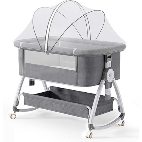 4 in 1 Baby Bassinet & Bedside Sleeper with Soft Mattress, Ultra-Breathable & Washable, Removable Mosquito Net, 6 Height Adjustable, Rocking Mode, Storage Basket, Wheels, Easy Assemble & Folding