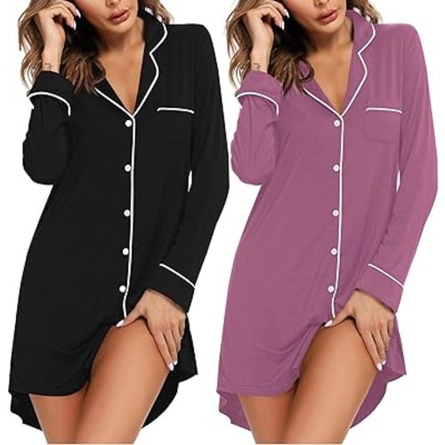 Ekouaer 2 Pack Nightgowns for Women Long Sleeve Night Shirt Button Down Sleep Shirt V-Neck Sleep Dress Pajama Sleepwear