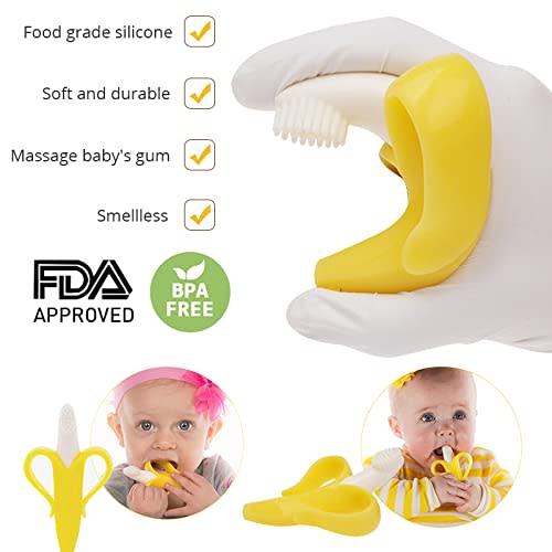 Finger Baby Toothbrush and Banana Teether, Soothing Pain Relief Silicone Baby Teething Toy for Babies, Toddlers, Infants, BPA Free(1 Teether and 2 Finger Toothbrushes)