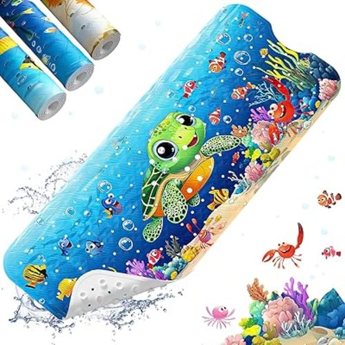 XIYUNTE Baby Bath Mat for Tub Non Slip Kids Bath Mat - 40''x16'' Extra Long Cartoon Turtle Baby Bath Tub Mat Eco-Friendly Toddler Bath Mats with Suction Cups & Drain Holes, Easy to Clean & Easy Drying