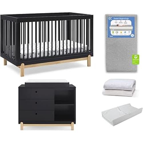 Delta Children Poppy Crib 6-Piece Baby Nursery Furniture Set–Includes: Convertible Crib, Dresser, Changing Top, Crib Mattress, Sheets, & Changing Pad, Midnight Grey w/Natural
