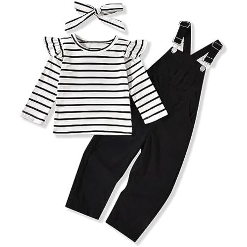 HINTINA 2PCS Baby Girls Clothes Toddler Jumpsuit Rompers Adjustable Ripped Jeans Overalls Set with Long Sleeve Stripe T-Shirt
