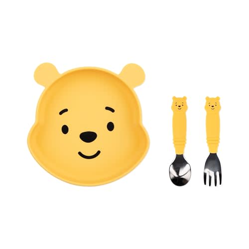 Bumkins Disney Winnie the Pooh - Silicone Grip Dish, Fork & Spoon - For Ages 18 Months+ - Suction Base - 100% Food-Safe Silicone - Freezer, & Dishwasher Safe