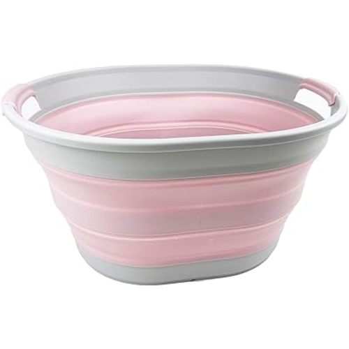 SAMMART 23L (6 Gallons) Collapsible Plastic Laundry Basket - Oval Tub - Foldable Storage Container/Organizer -Portable Washing Tub -Space Saving Laundry Hamper (Grey/Pale Pink)