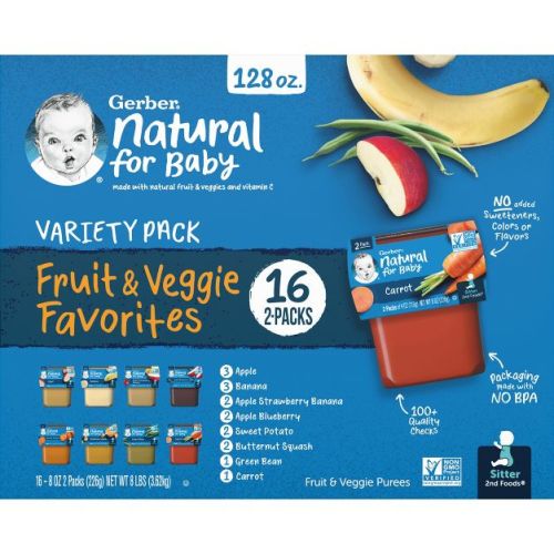 Gerber Baby Food Stage 2 Fruit & Veggie Puree Tubs 16 Variety Pack - 128oz