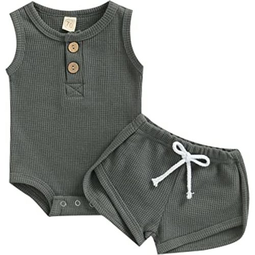 Ledy Champswiin Summer Newborn Baby Boy Girl Clothes Set Ribbed Outfits Unisex Infant Solid Short Sleeve Tops Shorts 2PCS