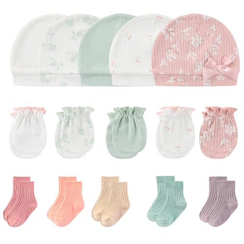 MAMIMAKA Newborn Baby Boy Girl Caps Mittens Socks Set Cotton Baby Essentials Accessories (Hats+Gloves+Socks)