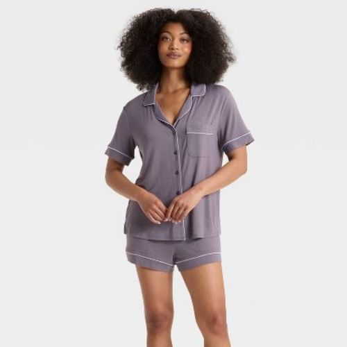 Women's Cloud Knit Short Sleeve Top and Shorts Pajama Set - Auden™ Blue/Branches XL: Botanical Pattern, Modal Blend