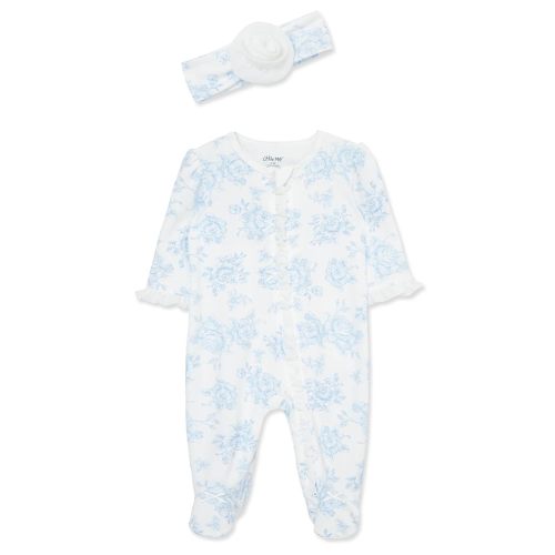 Little Me Clothes for Baby Girls 100% Cotton 2Pc Zipper Closure Footie and Headband Set, Baby Essentials, Preemie to 9 Months