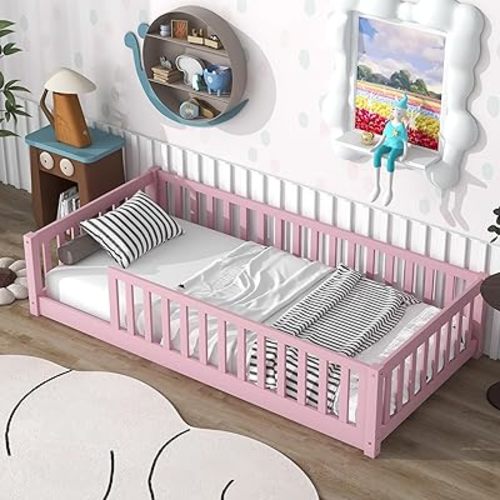 Twin Size Montessori Floor Bed with Wood Slats Support for Girls & Boys,Wood Montessori Bed Frame with Safety Guardrails & Close to The Floor for Kids,Pink