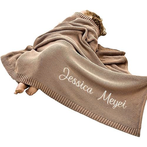 Free Personalized Custom Knit Baby Blanket w/Embroidered Name, 40 * 30 inch, Handmade Cotton Nursery Blankets, Customized Receiving Newborn for Boy Girls Kids, Birthday Christmas