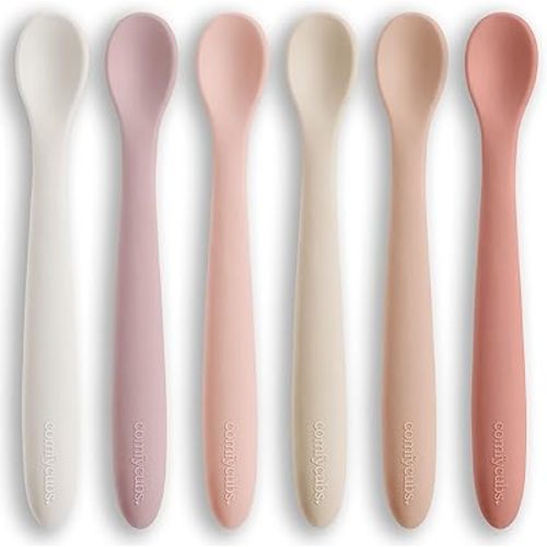 Comfy Cubs Silicone Baby Spoons Set 6-Pack, Blush 6.46 x 0.95 in – BPA Free, Soft Gum-Safe Toddler Eating Essentials – Lightweight & Flexible Baby Spoons, Dishwasher Safe, Fun Utensils for Babies