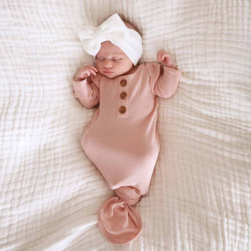 Lovely Pink Waffle Bamboo Newborn Baby Knot Gown & Hat Set