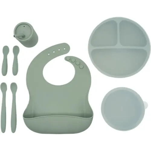 WeeSprout Baby Led Weaning Bundle, Silicone Suction Bowl, Spoons, Bib & Cup, Develops Self Feeding Skills, Dishwasher Safe (Green)