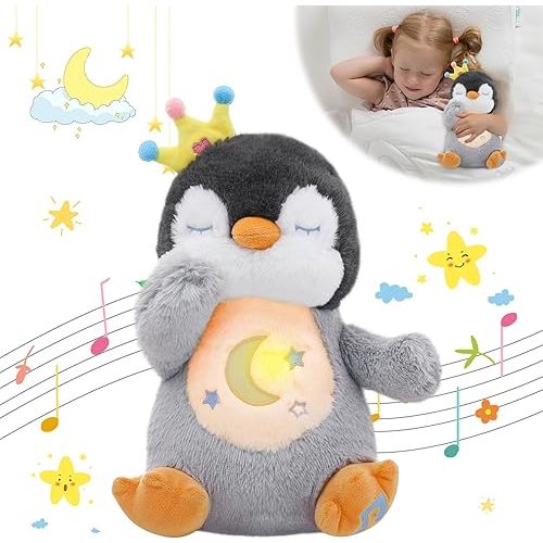 MIAODAM Soothing Cuddle Plush Toy, Breathing Stuffed Animal Penguin Plush with Realistic Breathing Action and Relaxing Music, for Babies and Toddlers, Hugging Plush for Emotional Comfort