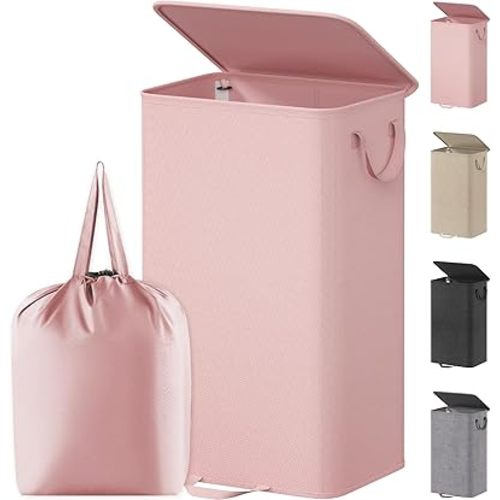 Lifewit Single Laundry Hamper with Lid and Removable Laundry Bags, Large Collapsible 1 Dividers Dirty Clothes Basket with Handles for Bedroom Laundry Room Closet Bathroom College, 100L Pink