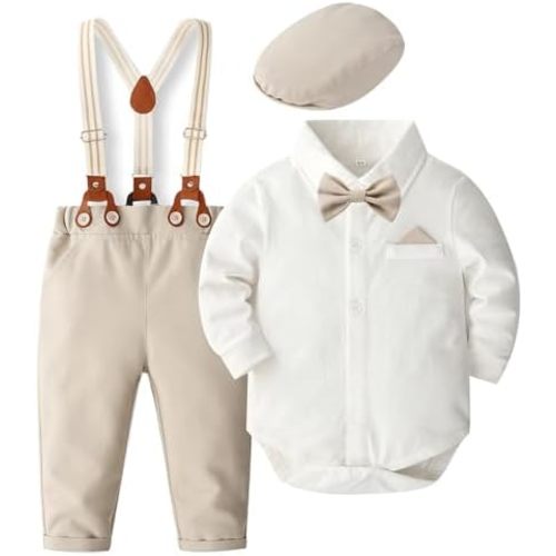 SALNIER Baby Boy Dress Suit Clothes Sets Infant Tuxedo Gentleman Suits Outfits Bowtie Shirt Suspenders Pants Beret Hat