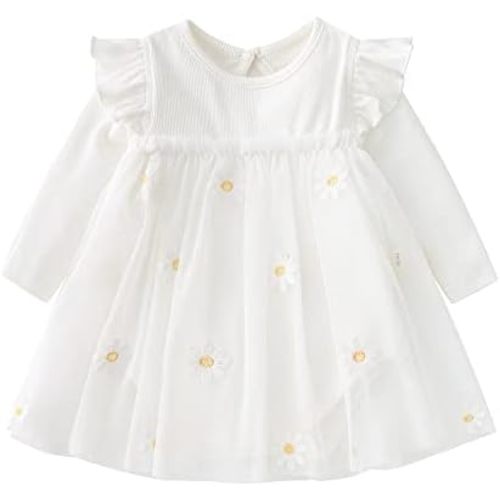 Vivobiniya Toddler Girl Ruffle Daisy Tulle Bodysuit Dress Baby Girl Romper Long Short Sleeve Clothes