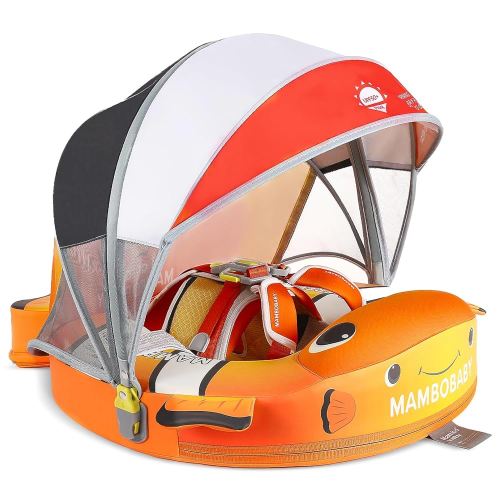 Mambobaby Baby Pool Float with Canopy, Non-Inflatable Infant Floats with Tail Solid Upgrade Soft Waterproof Skin-Friendly Mambo Baby Swimming Float for 3-24 Months Baby Boys Girls