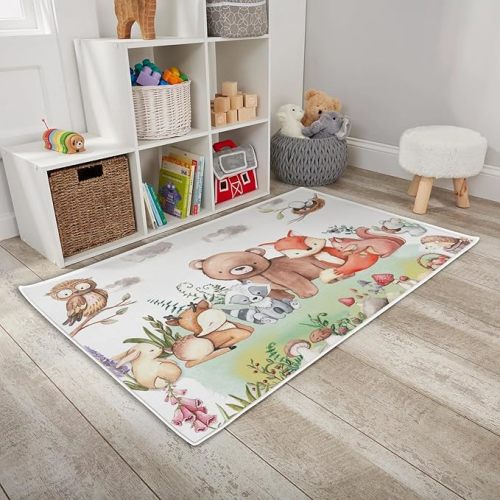 HawSkgFub Baby Toddler Boy Girl Woodland Animals Friends Playroom Area Rug, Bear Fox Deer Owl Mushroom Non Slip Nursery Play Mat Carpet, Unisex Kids Bedroom Living Room Classroom Decor