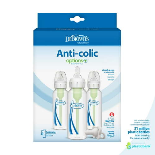 Dr. Brown's Natural Flow Anti-Colic Options+ Narrow Baby Bottle, 8oz, 3 Pack + HappyPaci