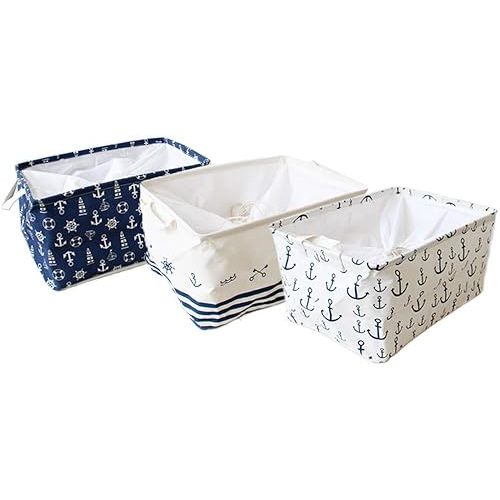 Orino Waterproof Nursery Nautical Fabric Large Storage Baskets with Drawstring Beach Anchor Theme Collapsible Storage Bins Mediterranean Style for cloth, toys, books,sundries, Set of 3(17.5x12x9) inch