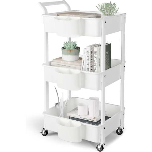 3-Tier Utility Rolling Cart,Mobile Utility Cart with Lockable Caster Wheels,Storage Shelves Organizer Cart, 3 Hanging Baskets, Easy Assembly,for Bathroom, Kitchen, Office, Workshop,White