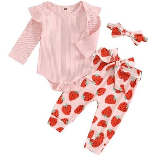 Tiaham Baby Girl Clothes Cute Outfits Fruit Floral Long Sleeve Romper Tops Pant Newborn Bodysuit Fall Winter Outfit