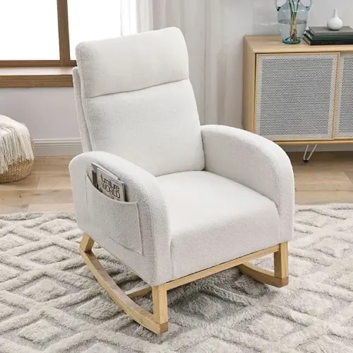 Nursery Rocking Chair with Solid Wood Legs, Glider Chair for Nursery with Two Side Pockets, Rocker Armchair for Living Room Bedroom (Ivory White, Teddy Fabric)