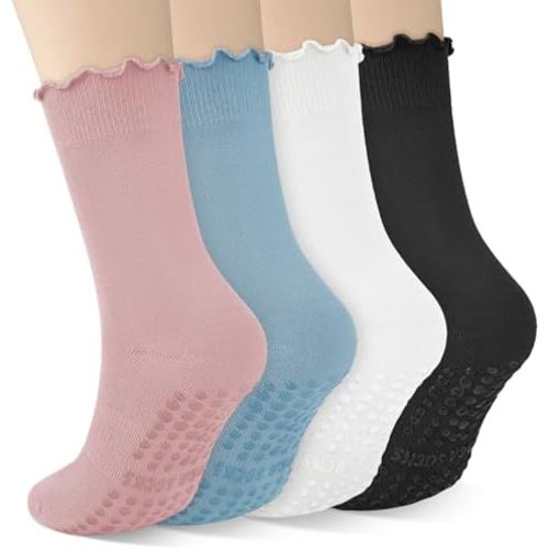 4 Pairs Grip Pilates Socks for Women Yoga Scrunch Slouch Non Slip Long Socks with Grippy Pilates Barre Workout Slipper 5-9