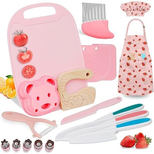 19PCS Kids Cooking Sets Real with Kids Knife Set for Real Cooking, Kid Safe Knife Set for Real Cooking with Kids Cutting Board and Knife Set, Toddlers Kitchen Tools, Kids Chef Hat and Apron