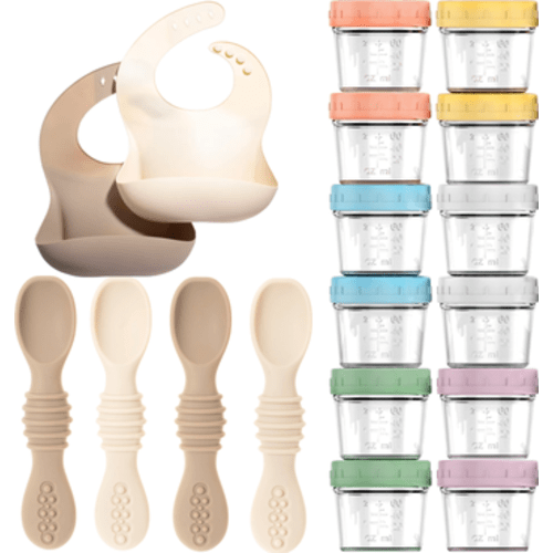 Glass Baby Food Storage Jars, Silicone Baby Spoons and Bibs Set